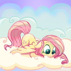 Size: 2048x2048 | Tagged: safe, artist:pfeffaroo, character:fluttershy, species:pegasus, species:pony, g4, cloud, colored eyebrows, cute, eyebrows, female, floppy ears, high res, looking down, lying down, lying on a cloud, mare, on a cloud, outdoors, prone, shyabetes, solo, spread wings, wings