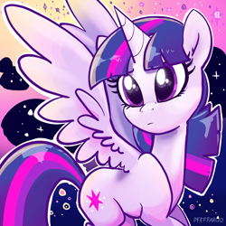 Size: 2048x2048 | Tagged: safe, artist:pfeffaroo, character:twilight sparkle, character:twilight sparkle (alicorn), species:alicorn, species:pony, g4, abstract background, female, frown, high res, horn, mare, solo, sparkles, spread wings, wings