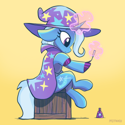 Size: 2048x2048 | Tagged: safe, artist:pfeffaroo, character:trixie, species:pony, species:unicorn, g4, cape, clothing, crossed legs, ears back, female, floppy ears, glowing horn, gradient background, hat, high res, horn, levitation, magic, magic aura, mare, signature, simple background, sitting, solo, telekinesis, trixie's cape, trixie's hat, wizard hat, yellow background