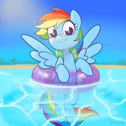 Size: 2048x2048 | Tagged: safe, artist:pfeffaroo, character:rainbow dash, species:pegasus, species:pony, g4, beach, cute, dashabetes, female, high res, inflatable, inner tube, looking at you, mare, ocean, outdoors, signature, smiling, smiling at you, solo, spread wings, summer, water, wings