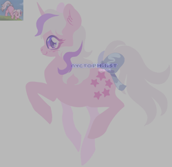 Size: 1762x1712 | Tagged: safe, artist:nyctophilist, derpibooru original, character:twilight (g1), species:pony, species:unicorn, g1, artwork, bow, cute, female, floating, gray background, happy, lineless, mare, original art, pastel, profile, raised hoof, raised leg, screencap reference, simple background, solo, tail, tail bow, watermark