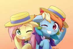 Size: 2400x1600 | Tagged: safe, artist:symbianl, character:fluttershy, character:rainbow dash, species:pegasus, species:pony, g4, license:cc-by-nc-nd, blushing, boater, boater hat, bow tie, bust, cheek fluff, clothes swap, clothing, colored eyebrows, colored underhoof, cute, dashabetes, duo, duo female, ear fluff, eyebrows, female, floppy ears, frog (hoof), gradient background, grin, hat, hoof heart, hooves, leg fluff, looking at you, mare, messy mane, one eye closed, shyabetes, signature, smiling, smiling at you, underhoof, wink, winking at you