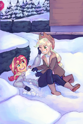 Size: 1800x2700 | Tagged: safe, artist:abbytabbys, character:applejack, character:sunset shimmer, fanfic:looking glass, series:who we become, g4, my little pony:equestria girls, apple family member, bush, fanfic art, female, full background, on ground, snow, snowball, snowball fight, stop sign, tree, younger