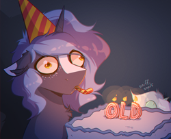 Size: 2804x2280 | Tagged: safe, artist:witchtaunter, character:lyra heartstrings, oc, oc:witching hour, species:pony, species:unicorn, g4, birthday, cake, candle, clothing, faec, food, hat, male, party hat, sniffing, stallion