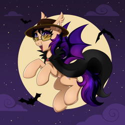 Size: 4000x4000 | Tagged: safe, alternate version, artist:confetticakez, oc, oc only, oc:fila brightspark, species:bat, species:bat pony, species:pony, bat ears, bat ponified, bat wings, cape, clothing, cloud, fangs, female, flying, full moon, hat, looking at you, mare, moon, night, night sky, open mouth, open smile, outdoors, race swap, sharp teeth, sky, slit pupils, smiling, smiling at you, solo, spread wings, stars, wings, ych result, your character here