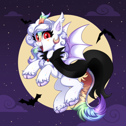 Size: 4000x4000 | Tagged: safe, alternate version, artist:confetticakez, oc, oc only, oc:cloudy canvas, species:bat, species:bat pony, species:kirin, species:pony, bat ears, bat ponified, bat wings, cape, clothing, cloud, fangs, female, flying, full moon, kirin hybrid, looking at you, mare, moon, night, night sky, open mouth, open smile, outdoors, race swap, sharp teeth, sky, slit pupils, smiling, smiling at you, solo, spread wings, stars, wings, ych result