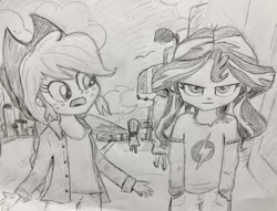 Size: 750x572 | Tagged: safe, artist:djzapapple, character:applejack, character:sunset shimmer, fanfic:looking glass, series:who we become, g4, my little pony:equestria girls, angry, apple family member, fanfic art, lineart, pencil drawing, traditional art, walking