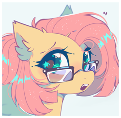 Size: 697x675 | Tagged: safe, artist:mirtash, character:fluttershy, species:pegasus, species:pony, g4, alternate hairstyle, bust, cute, ear fluff, female, glasses, looking at you, mare, open mouth, portrait, shyabetes, solo, starry eyes, wingding eyes