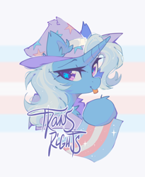Size: 1518x1851 | Tagged: safe, artist:mirtash, character:trixie, species:pony, species:unicorn, g4, blep, bust, cape, clothing, eyebrows, female, hat, horn, looking at you, mare, portrait, pride, pride flag, simple background, smiling, smiling at you, solo, sparkles, starry eyes, text, tongue out, trans trixie, transgender, transgender pride flag, trixie's cape, trixie's hat, wingding eyes, wizard hat