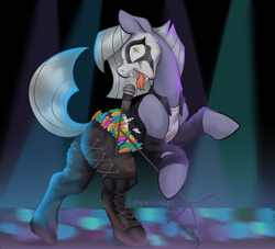 Size: 4400x4002 | Tagged: safe, artist:leopardsnaps, character:limestone pie, species:earth pony, species:pony, g4, boots, clothing, concert, corpse paint, dirty, jacket, lights, looking at you, makeup, metal, microphone, ripping clothes, screaming, sharp teeth, shoes, singing, solo, spotlight, tongue out