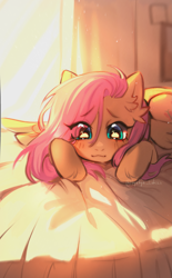 Size: 1545x2487 | Tagged: safe, artist:tyutya_loh123, artist:tyutyaloh123, character:fluttershy, species:pegasus, species:pony, g4, bed, blushing, crepuscular rays, cute, ear fluff, eye clipping through hair, eyebrows, eyebrows visible through hair, female, indoors, looking at you, lying down, mare, on bed, prone, shyabetes, signature, smiling, smiling at you, solo, wingding eyes, wings
