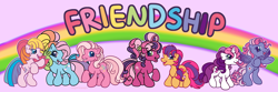 Size: 5700x1900 | Tagged: safe, artist:leopardsnaps, character:cheerilee (g3), character:pinkie pie (g3), character:rainbow dash (g3), character:scootaloo (g3), character:starsong, character:sweetie belle (g3), character:toola roola (g3), species:earth pony, species:pegasus, species:pony, species:unicorn, g3, g3.5, colored wings, flower, flower in hair, gradient wings, group, multicolored hair, multicolored wings, ponytail, rainbow, rainbow hair, raised hoof, smiling, standing, standing up, style emulation, tongue out, wings