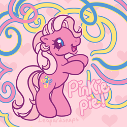 Size: 3000x3000 | Tagged: safe, artist:leopardsnaps, character:pinkie pie (g3), species:earth pony, species:pony, g3, g3.5, abstract background, multicolored hair, pink background, simple background, solo, style emulation