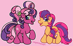 Size: 1900x1200 | Tagged: safe, artist:leopardsnaps, character:cheerilee (g3), character:scootaloo (g3), species:earth pony, species:pony, g3, g3.5, duo, multicolored hair, ponytail, raised hoof, simple background, smiling, style emulation