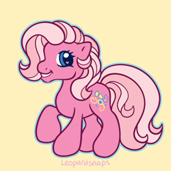 Size: 1200x1200 | Tagged: safe, artist:leopardsnaps, character:pinkie pie (g3), species:earth pony, species:pony, g3, g3.5, looking at you, multicolored hair, raised hoof, simple background, smiling, smiling at you, solo, style emulation