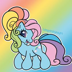 Size: 1200x1200 | Tagged: safe, artist:leopardsnaps, character:rainbow dash (g3), species:earth pony, species:pony, g3, g3.5, gradient background, multicolored hair, rainbow, rainbow hair, simple background, smiling, solo, style emulation