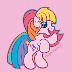 Size: 1200x1200 | Tagged: safe, artist:leopardsnaps, character:toola roola (g3), species:earth pony, species:pony, g3, g3.5, multicolored hair, rainbow hair, raised hoof, simple background, solo, standing, standing up, style emulation
