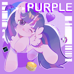 Size: 3500x3500 | Tagged: safe, artist:不可食用骨, part of a set, character:twilight sparkle, character:twilight sparkle (alicorn), species:alicorn, species:pony, g4, ;p, blep, chibi, cute, female, high res, horn, looking at you, mare, one eye closed, raised hoof, smiling, smiling at you, solo, spread wings, tongue out, twiabetes, wings, wink, winking at you