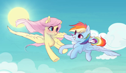 Size: 2651x1536 | Tagged: safe, artist:树与猹, character:fluttershy, character:rainbow dash, species:pegasus, species:pony, ship:flutterdash, g4, blushing, cloud, cute, duo, duo female, eye contact, female, flying, grin, high res, holding hooves, lesbian, looking at each other, looking at someone, mare, outdoors, shipping, sky, smiling, smiling at each other, spread wings, sun, wings