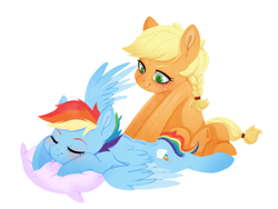 Size: 2160x1620 | Tagged: safe, artist:树与猹, character:applejack, character:rainbow dash, species:earth pony, species:pegasus, species:pony, ship:appledash, g4, apple family member, blushing, colored eyebrows, cute, dashabetes, duo, duo female, eyebrows, eyes closed, female, freckles, hatless, jackabetes, lesbian, lying down, mare, massage, missing accessory, pillow, prone, shipping, simple background, smiling, white background, wings