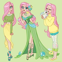 Size: 1200x1200 | Tagged: safe, artist:ramba, character:fluttershy, species:human, g4, belly button, clothing, dress, ear piercing, earring, feet, female, flats, flower, flower in hair, gala dress, green background, hair over one eye, high heels, humanized, jewelry, light skin, midriff, necklace, piercing, sandals, shoes, shorts, simple background, skirt, solo, species swap, sweater, sweatershy