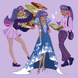 Size: 1900x1900 | Tagged: safe, artist:ramba, character:twilight sparkle, species:human, alternate hairstyle, bag, book, clothing, dark skin, dress, ear piercing, earring, female, gala dress, gloves, grin, gritted teeth, hairband, high heels, humanized, jewelry, miniskirt, moderate dark skin, pants, piercing, pleated skirt, purple background, shirt, shoes, simple background, skirt, smiling, solo, species swap, sweater, teeth