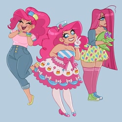Size: 1200x1200 | Tagged: safe, artist:ramba, character:gummy, character:pinkamena diane pie, character:pinkie pie, species:human, g4, alligator, alternate hairstyle, anklet, blep, blue background, bracelet, choker, clothing, converse, denim, dress, female, flats, gala dress, gloves, grin, hat, humanized, jeans, jewelry, necklace, pants, plump, shoes, simple background, skirt, smiling, sneakers, socks, solo, species swap, stocking feet, straight hair, tongue out