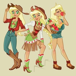 Size: 1200x1200 | Tagged: safe, artist:ramba, character:applejack, species:human, g4, apple family member, applejack's hat, boots, clothing, cowboy boots, cowboy hat, denim, dress, ear piercing, earring, female, flannel, freckles, gala dress, green background, grin, hat, high heels, humanized, jeans, jewelry, one eye closed, overalls, pants, piercing, shirt, shoes, simple background, smiling, socks, solo, species swap, stetson, wink