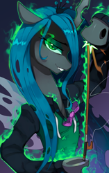Size: 1879x2996 | Tagged: safe, artist:astralblues, character:queen chrysalis, species:changeling, g4, bow (instrument), changeling queen, eyebrows, fangs, female, fire, green fire, high res, horn, looking at you, magic, musical instrument, profile, raised hoof, sharp teeth, smiling, smiling at you, solo, underhoof