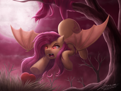 Size: 3200x2400 | Tagged: safe, artist:novaintellus, character:flutterbat, character:fluttershy, species:bat pony, species:pony, g4, apple, bat ponified, bat wings, eyebrows, fangs, female, food, full moon, high res, looking at something, mare, moon, open mouth, outdoors, prehensile tail, race swap, sharp teeth, signature, slit pupils, solo, spread wings, tail, tree, underhoof, wings