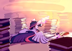 Size: 995x704 | Tagged: safe, artist:vintagecococola, character:twilight sparkle, character:twilight sparkle (alicorn), species:alicorn, species:pony, g4, book, bookhorse, feather, female, glowing horn, golden oaks library, horn, indoors, levitation, magic, magic aura, mare, quill, reading, sitting, solo, telekinesis, that pony sure does love books, wings