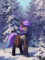 Size: 3107x4058 | Tagged: safe, artist:koviry, oc, oc:blueberry oatmeal, species:earth pony, species:pony, armor, forest, scenery, smiling, snow, solo, winter