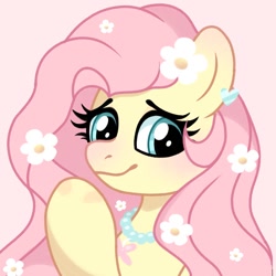 Size: 1080x1080 | Tagged: safe, artist:cstrawberrymilk, character:fluttershy, species:pegasus, species:pony, g4, blushing, bust, cute, eyebrows, female, flower, flower in hair, looking at you, mare, raised hoof, shyabetes, simple background, smiling, smiling at you, solo