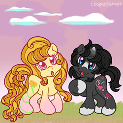 Size: 3000x3000 | Tagged: safe, artist:leopardsnaps, oc, oc only, oc:crystal nightshine, oc:golden rose, species:earth pony, species:pony, species:unicorn, g3, g3.5, cloud, colored hooves, curious, curly hair, duo, gradient hooves, gradient horn, head tilt, hoof on chest, hooves, looking at you, outdoors, short tail, smiling, tail, unshorn fetlocks