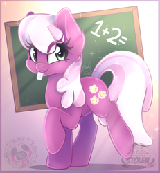 Size: 2290x2480 | Tagged: safe, artist:bloody-pink, character:cheerilee, species:earth pony, species:pony, g4, chalk, chalkboard, cheeribetes, cute, eye clipping through hair, female, high res, holding, looking at you, mare, math, mouth hold, raised hoof, raised leg, shadow, smiling, smiling at you, solo, sparkles, tail, watermark
