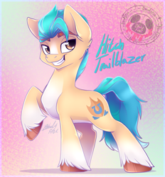 Size: 1895x2040 | Tagged: safe, artist:bloody-pink, character:hitch trailblazer, species:earth pony, species:pony, g5, my little pony: a new generation, blaze (coat marking), coat markings, colored eyebrows, colored hooves, cute, ear fluff, eyebrows, grin, hitchbetes, hooves, looking at you, male, name, one leg raised, raised hoof, raised tail, signature, smiling, smiling at you, socks (coat marking), solo, stallion, standing, tail, text, unshorn fetlocks