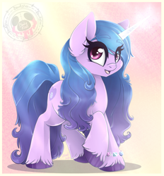 Size: 1895x2040 | Tagged: safe, artist:bloody-pink, character:izzy moonbow, species:pony, species:unicorn, g5, my little pony: a new generation, bracelet, colored eyebrows, colored hooves, cute, ear fluff, eye clipping through hair, eyebrows, eyebrows visible through hair, female, gradient hair, hooves, horn, izzybetes, jewelry, long mane, looking at you, mare, multicolored hair, open mouth, open smile, raised hoof, raised tail, shadow, simple background, smiling, smiling at you, solo, standing, tail, unshorn fetlocks, watermark