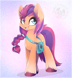 Size: 1895x2040 | Tagged: safe, artist:bloody-pink, character:sunny starscout, species:earth pony, species:pony, g5, my little pony: a new generation, bag, braid, coat markings, colored eyebrows, colored hooves, cute, ear fluff, eye clipping through hair, eyebrows, eyebrows visible through hair, female, hooves, mare, open mouth, open smile, saddle bag, satchel, smiling, socks (coat marking), solo, sunny's buttons, sunnybetes, unshorn fetlocks, watermark