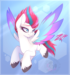 Size: 1895x2040 | Tagged: safe, artist:bloody-pink, character:zipp storm, species:pegasus, species:pony, g5, my little pony: a new generation, adorazipp, colored eyebrows, colored hooves, colored wings, cute, ear fluff, eyebrows, female, flying, hoof fluff, hooves, mare, multicolored wings, name, no pupils, smiling, solo, spread wings, unshorn fetlocks, watermark, wings