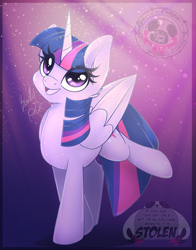 Size: 1940x2480 | Tagged: safe, artist:bloody-pink, character:twilight sparkle, character:twilight sparkle (alicorn), species:alicorn, species:pony, g4, cute, eye clipping through hair, female, folded wings, high res, horn, mare, open mouth, open smile, raised leg, smiling, solo, twiabetes, watermark, wings