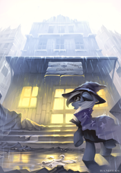 Size: 2067x2953 | Tagged: safe, artist:ramiras, character:trixie, species:pony, species:unicorn, g4, building, cape, clothing, cyrillic, digital art, ear fluff, fanfic, fanfic art, fanfic cover, female, floppy ears, hat, high res, looking up, mare, open mouth, outdoors, rain, raised hoof, russian, signature, solo, trixie's cape, trixie's hat, wet, wizard hat