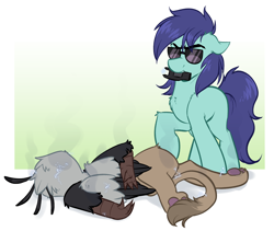 Size: 2688x2264 | Tagged: safe, artist:witchtaunter, oc, species:griffon, species:pony, commission, family guy death pose, female, gradient background, male, reference, smoking, sunglasses, tased, taser