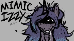 Size: 1280x720 | Tagged: safe, artist:biscotti5000, oc, oc only, oc:mimic izzy, species:pony, species:unicorn, bust, drool, gray background, looking at you, mimic, portrait, shadowed face, sharp teeth, signature, simple background, smiling, solo, teeth, text