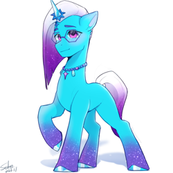 Size: 2048x2048 | Tagged: safe, artist:xiaowu07, derpibooru original, character:comet, species:auroricorn, species:pony, species:unicorn, episode:secrets of starlight, g5, my little pony: make your mark, my little pony: make your mark chapter 6, spoiler:mymc06e04, cometbetes, cute, glasses, looking at you, male, raised hoof, signature, simple background, smiling, smiling at you, solo, stallion, white background