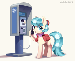 Size: 2392x1952 | Tagged: safe, artist:vinilyart, character:coco pommel, species:earth pony, species:pony, g4, bag, blushing, eyebrows, eyebrows visible through hair, female, high res, looking sideways, mare, necktie, open mouth, phone, raised hoof, saddle bag, shadow, simple background, solo