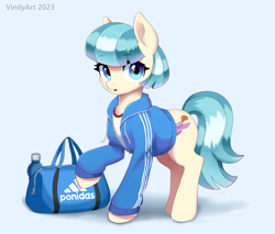 Size: 2172x1852 | Tagged: safe, artist:vinilyart, character:coco pommel, species:earth pony, species:pony, g4, adidas, clothing, eyebrows, eyebrows visible through hair, female, hoodie, looking at you, mare, open mouth, shadow, simple background, solo