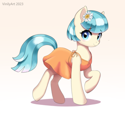 Size: 2152x1964 | Tagged: safe, artist:vinilyart, character:coco pommel, species:earth pony, species:pony, g4, clothing, cocobetes, cute, dress, eyebrows, eyebrows visible through hair, female, flower, flower in hair, high res, looking at you, mare, raised hoof, shadow, simple background, smiling, smiling at you, solo