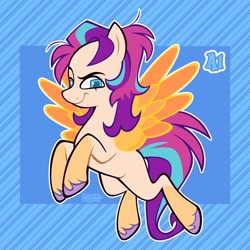Size: 2048x2048 | Tagged: safe, artist:eggmilky, character:sunny starscout, character:zipp storm, species:pegasus, species:pony, g5, abstract background, colored hooves, colored pupils, female, fusion, hooves, looking at you, mare, solo, spread wings, three quarter view, unshorn fetlocks, wings