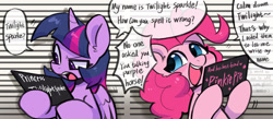 Size: 1908x832 | Tagged: safe, artist:oofycolorful, character:pinkie pie, character:twilight sparkle, character:twilight sparkle (alicorn), species:alicorn, species:earth pony, species:pony, g4, barbie mugshot meme, duo, duo female, female, horn, mare, meme, misspelling, mugshot, open mouth, open smile, smiling, speech bubble, wings