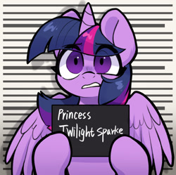 Size: 1037x1033 | Tagged: safe, artist:oofycolorful, character:twilight sparkle, character:twilight sparkle (alicorn), species:alicorn, species:pony, g4, barbie mugshot meme, eye clipping through hair, eyebrows, eyebrows visible through hair, female, frown, gritted teeth, hoof hold, horn, looking at you, mare, meme, misspelling, mugshot, shrunken pupils, solo, spread wings, teeth, text, wide eyes, wings, worried